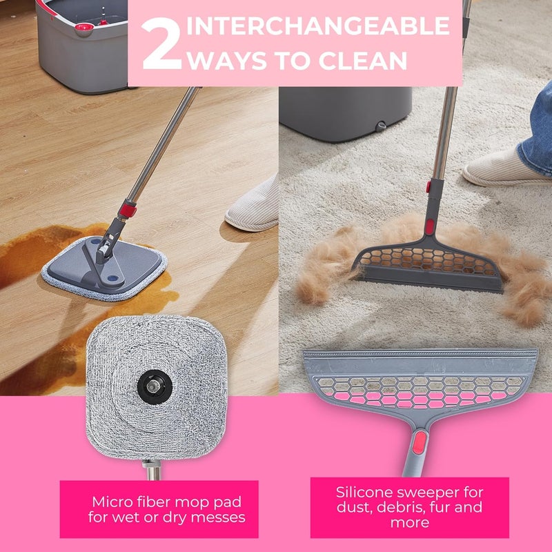 True & Tidy True Clean Spin Mop & Bucket System – Dual Compartment Design for Clean & Dirty Water, 360° Swivel Mop Head, Built-in Scrubbing Brush, Stainless Steel Handle & 2 Reusable Microfiber Pads - Image 4